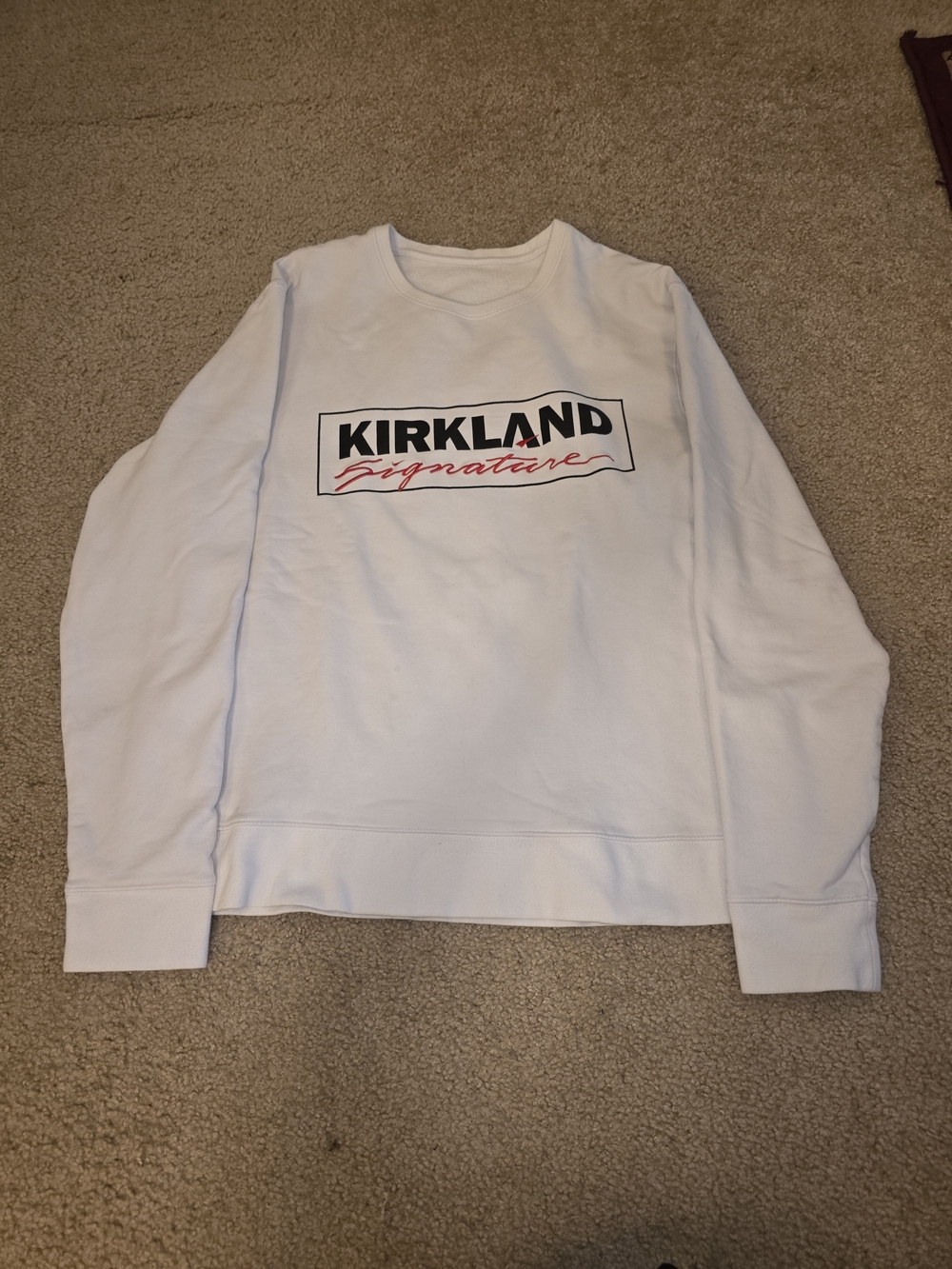 Kirkland Signature White Sweatshirt with Black & Red Logo Mens Small/Medium